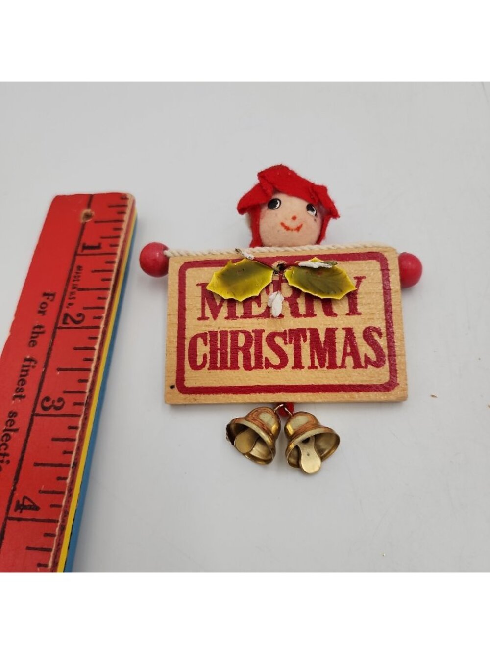 Vintage Merry Christmas Ornament Wood Elf 50s Bells